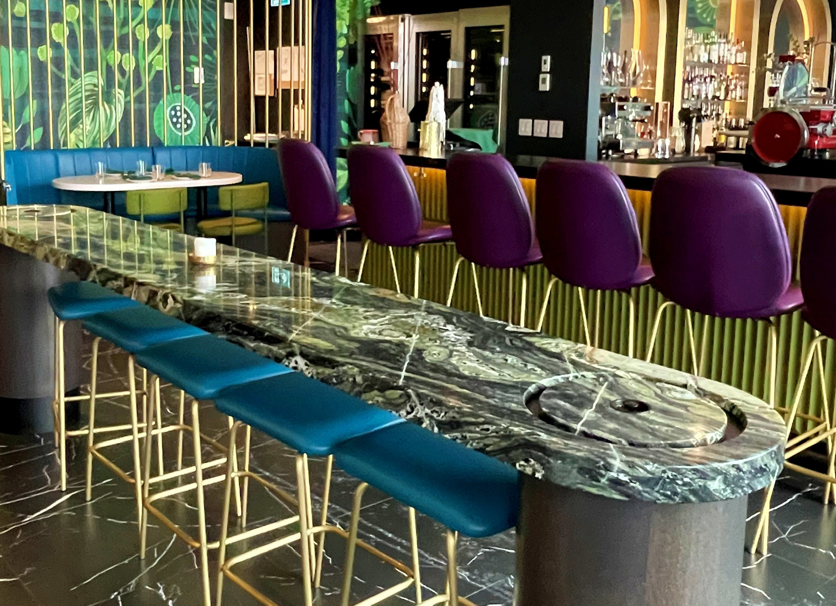 Peacock Wine Bar Columns, Bar Banquettes, Wine Glass Racks, Mirrored